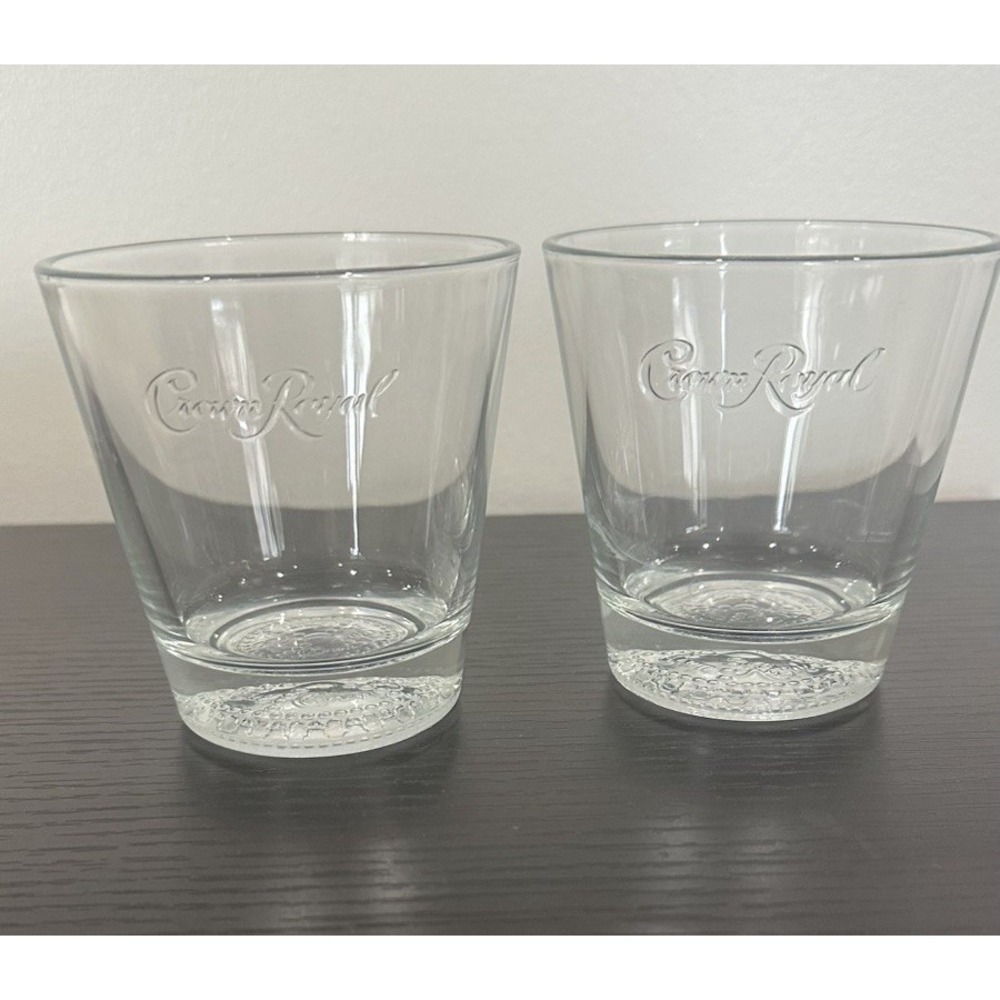 Crown Royal (SET OF 2) Heavy Glasses w/ Logo Thick  Base Etched Barware Glass